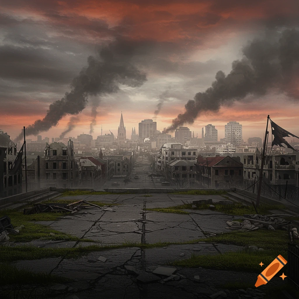 A desolate cityscape with damaged buildings, rubble, and smoke plumes rising into a dark, reddish sky, viewed from a broken rooftop.