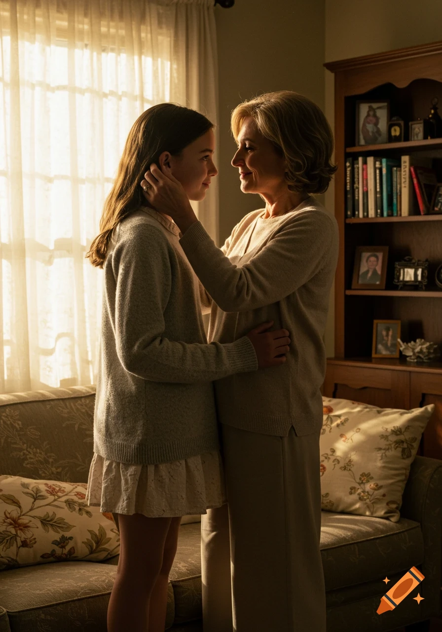 Photorealistic image of a teenage girl and her mother standing in a sunlit living room, looking at each other affectionately.