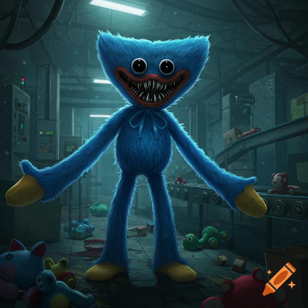 A blue, furry monster with big eyes and a wide mouth full of sharp teeth stands in a dark, abandoned toy factory.