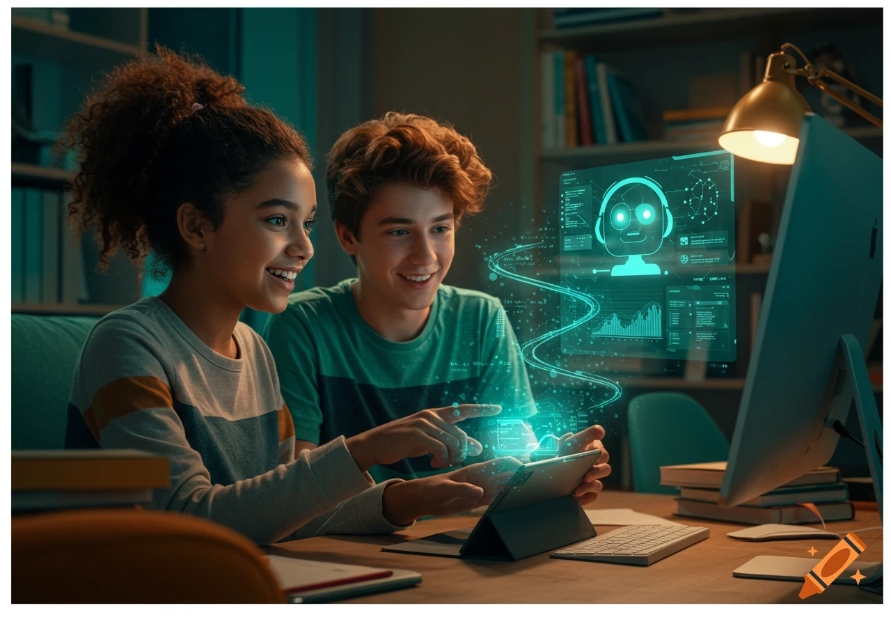 Two smiling students interact with a glowing holographic AI assistant displaying data and graphs in a modern study setting.