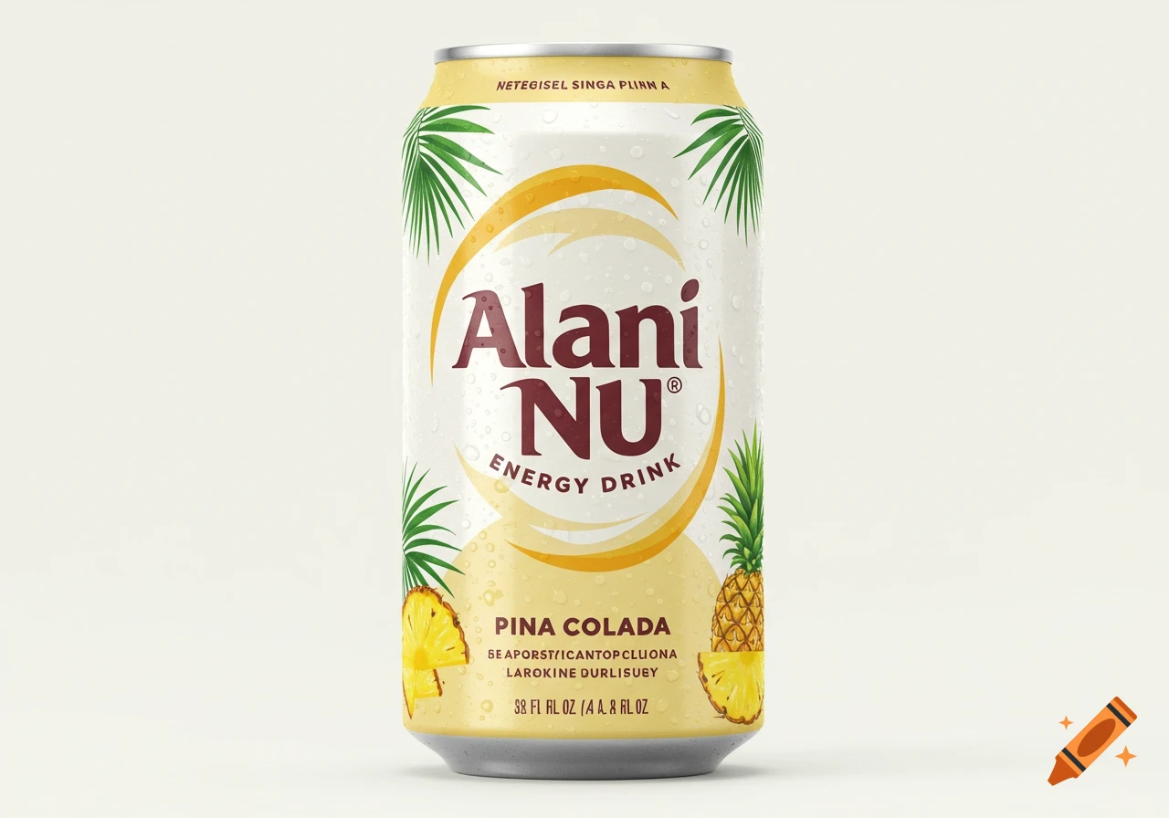 A photorealistic Alani Nu energy drink can with a white and yellow label, featuring pineapples, palm fronds, and condensation droplets, on a light background.