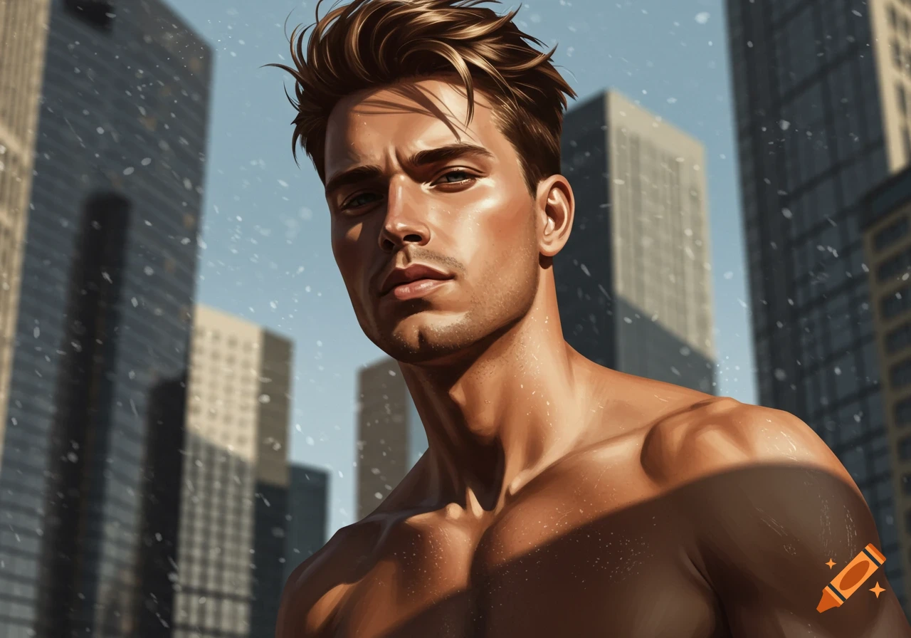 A stylized digital art portrait of a shirtless, muscular man with a prominent jawline, set against urban skyscrapers.