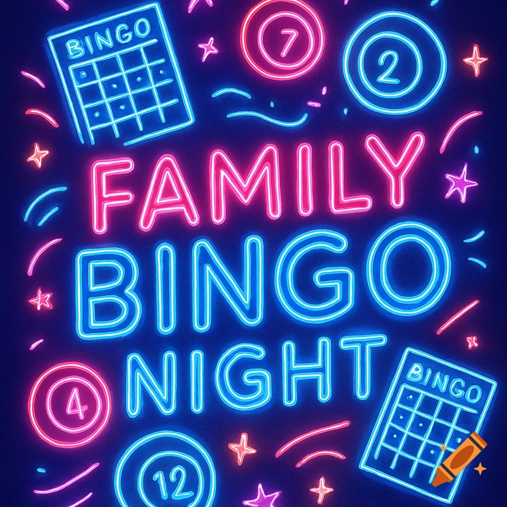 Neon sign glowing with 'FAMILY BINGO NIGHT' surrounded by bingo cards, bingo balls with numbers, and stars in blue and pink.