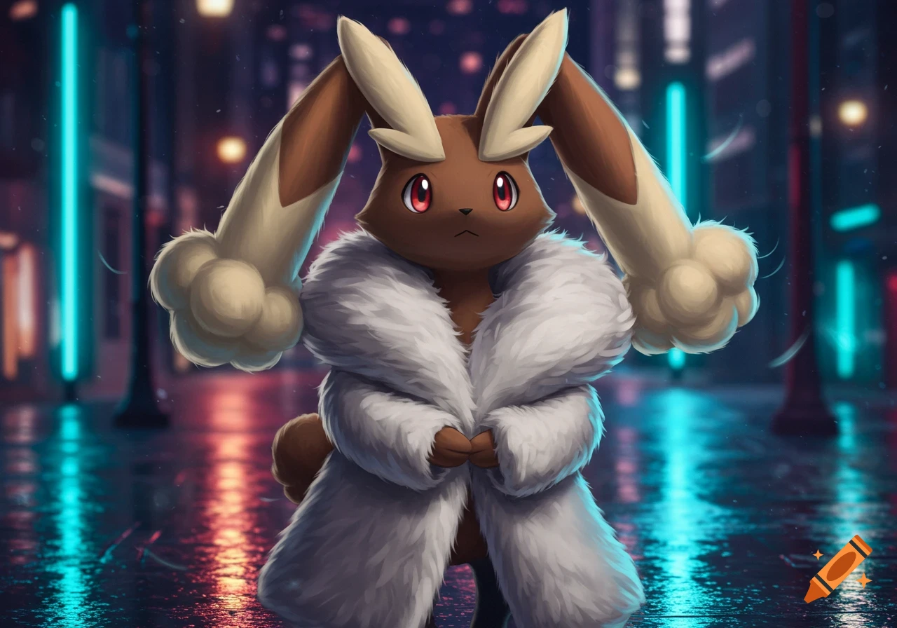Lopunny, a brown and cream-colored Pokemon, wears a white fur coat on a neon-lit wet city street at night.