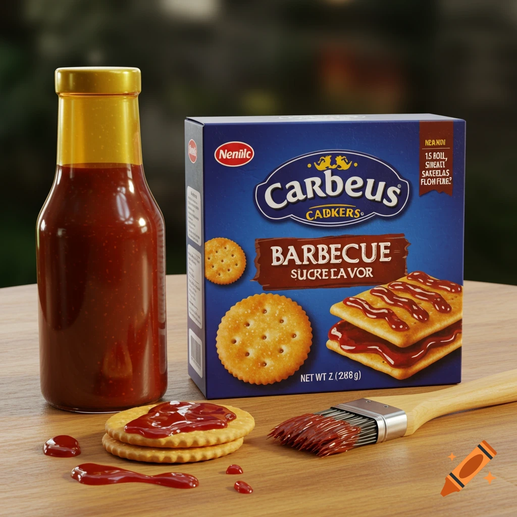 A photorealistic image of a bottle of barbecue sauce, a box of Carbeus barbecue crackers, two crackers with sauce, and a barbecue brush on a wooden surface.