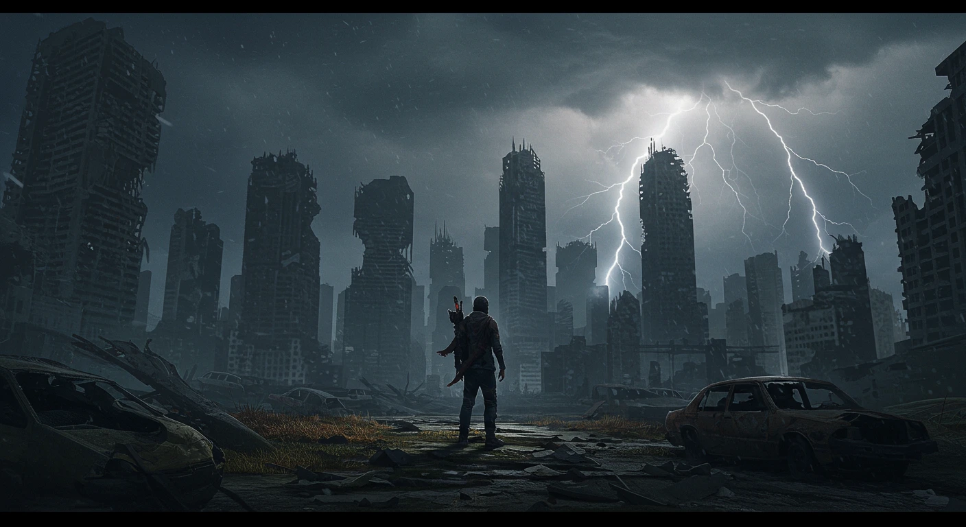 last human survivor standing in destroyed cityscape with dramatic sky