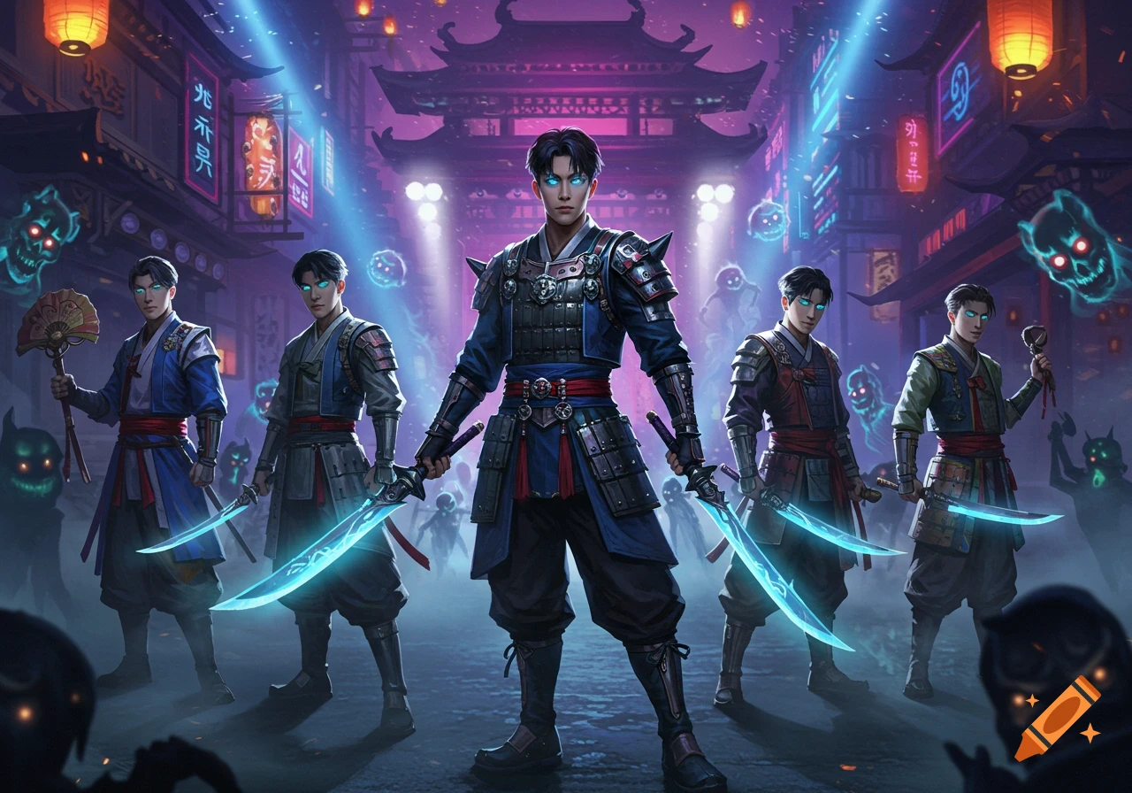Five futuristic warriors with glowing blue eyes and swords stand in a neon-lit Asian city with ghostly figures.