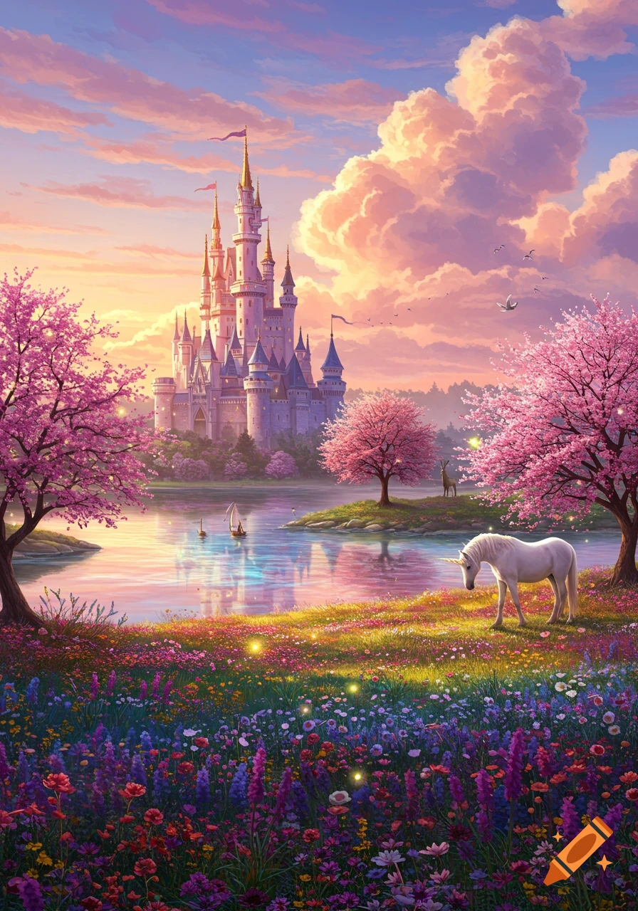 A majestic fantasy castle stands beside a calm lake with a unicorn in a foreground field of colorful flowers and cherry blossom trees under a glowing sunset sky, digital art.