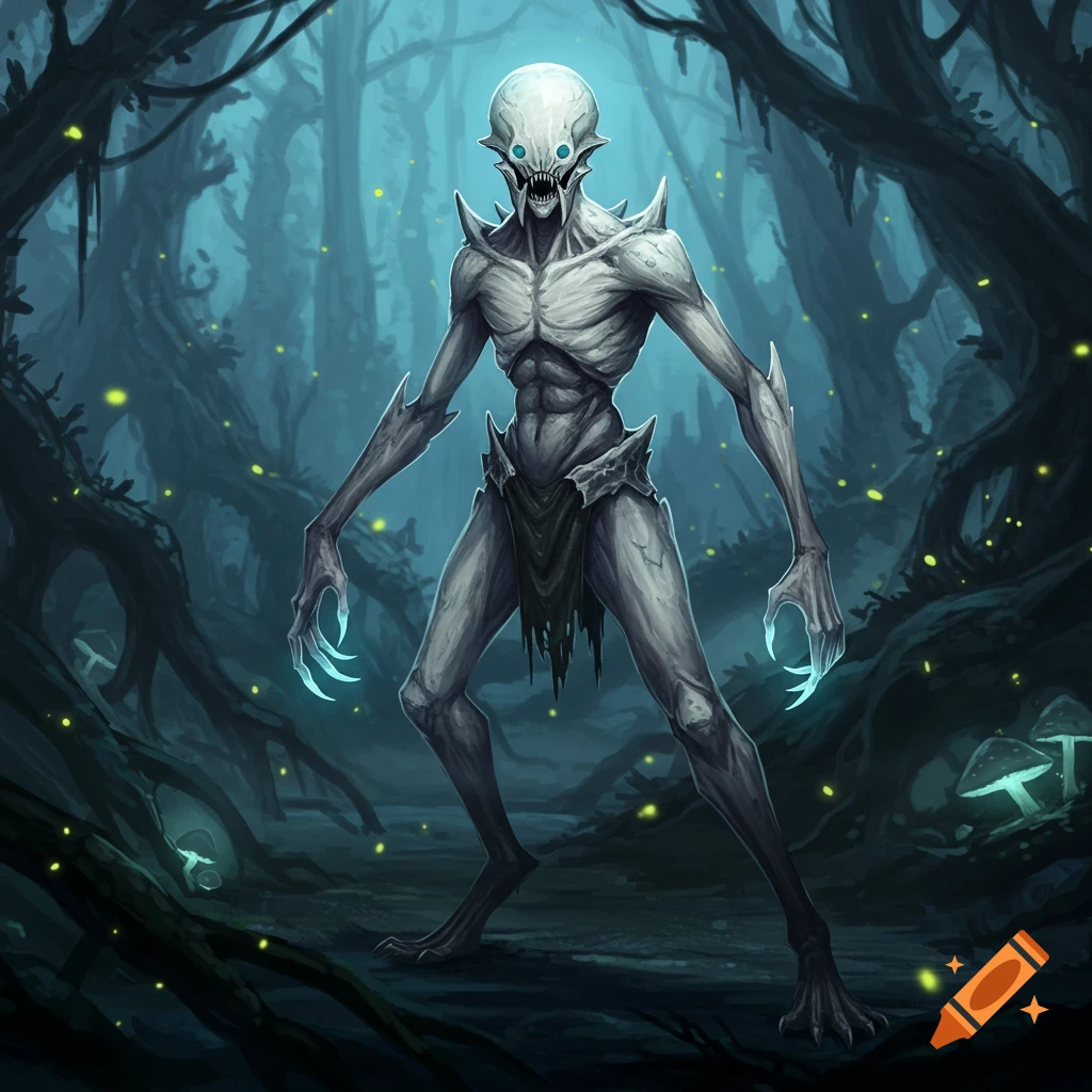 A pale, skeletal monster with glowing blue eyes and sharp claws stands in a dark, misty forest with glowing fireflies and luminous mushrooms, digital painting.