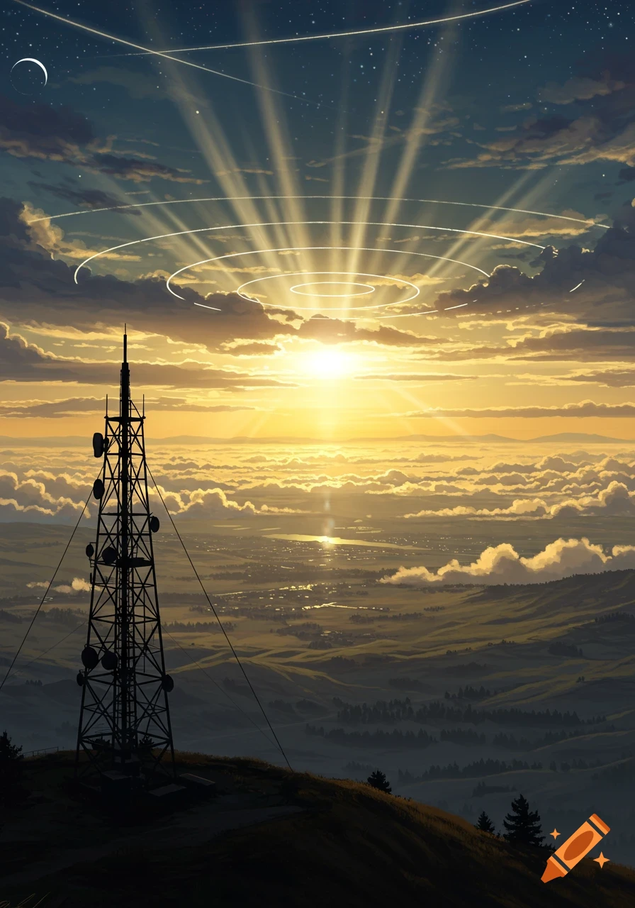 A communication tower stands on a hill overlooking a valley at sunrise, with bright light rays and concentric rings emanating from the sun in an anime-like style.