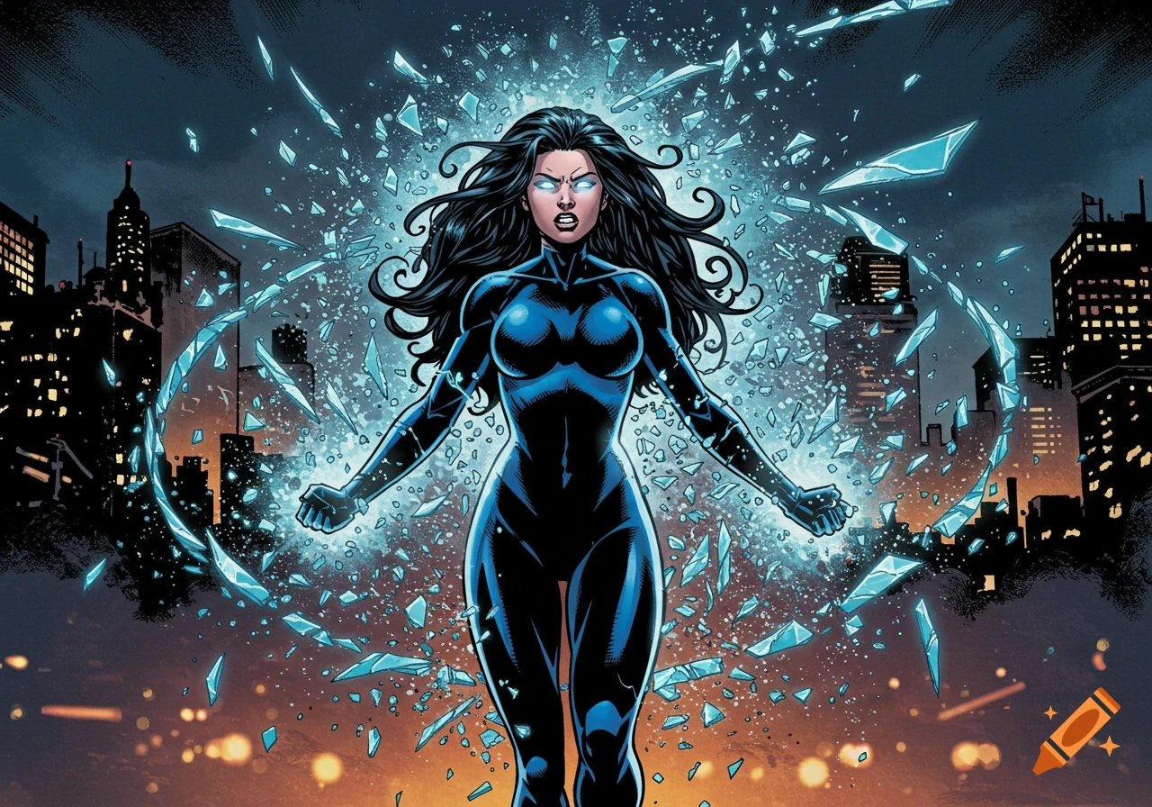 A female superhero with long dark hair in a blue suit stands in a city at night, shattering into glowing blue glass shards in comic style.