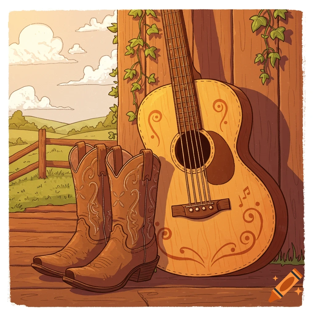 A cartoon acoustic guitar leans against cowboy boots with a country landscape in the background.