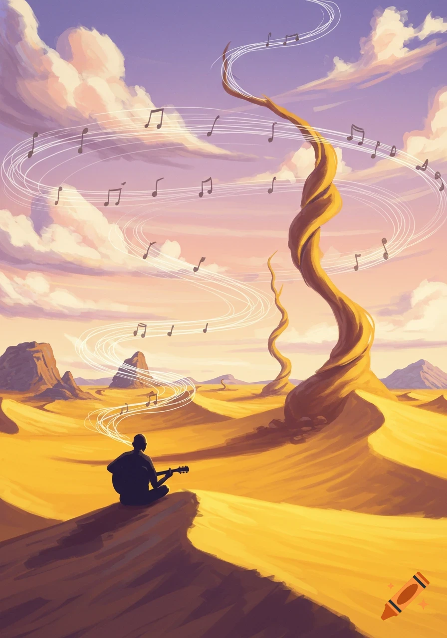 A silhouette of a person plays guitar on a sand dune in a surreal desert, with musical notes swirling into the sky at sunset.