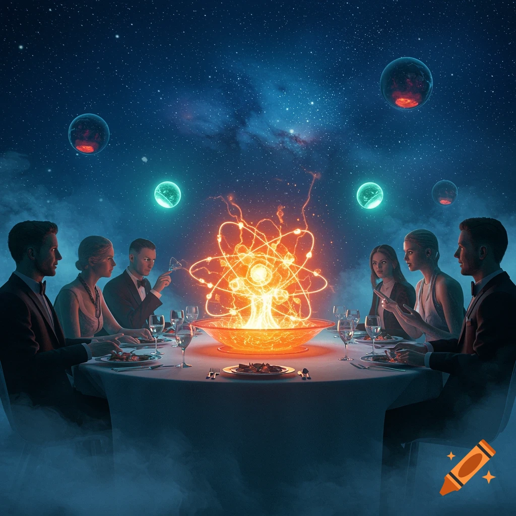 People in formal wear dining at a table outdoors under a starry night sky with planets, focused on a glowing orange atom centerpiece.