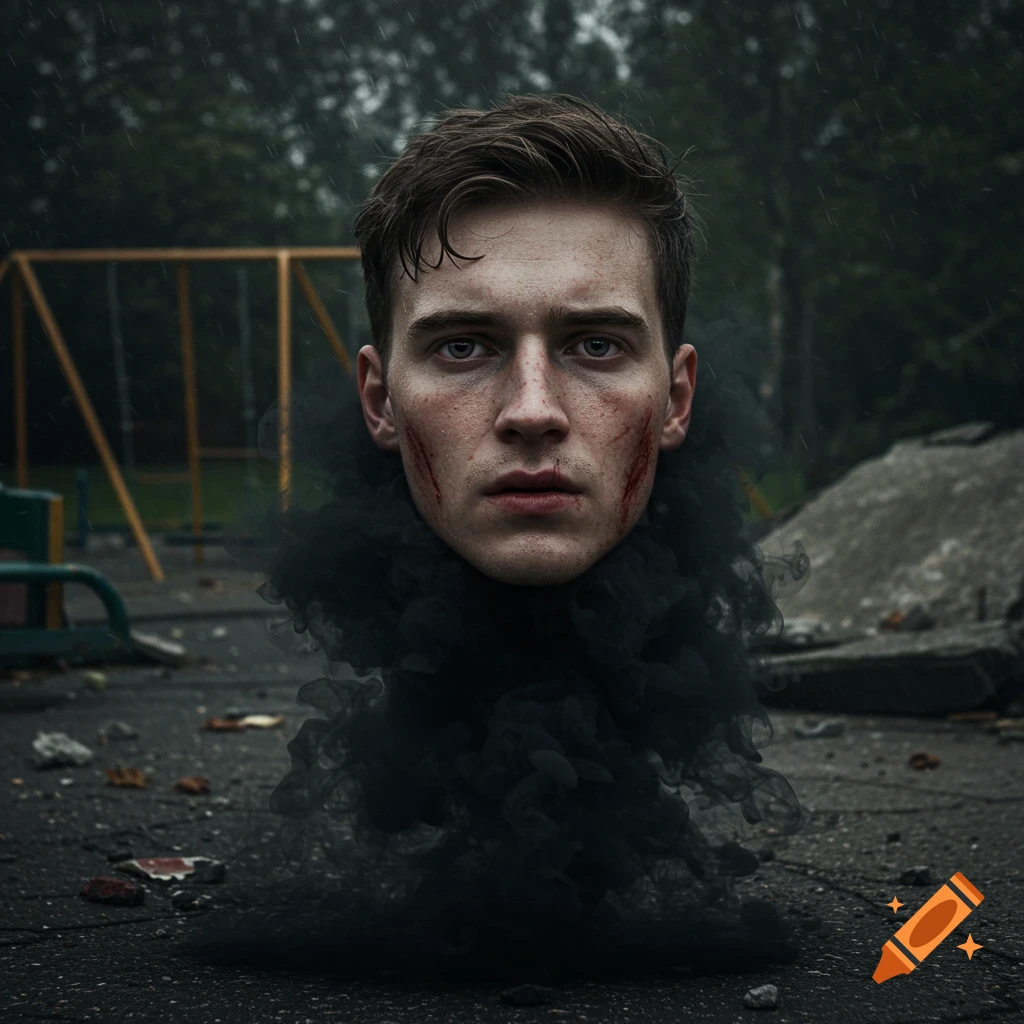 A hyper-realistic disembodied male head with scratches and black smoke floats over a ruined playground in the rain.