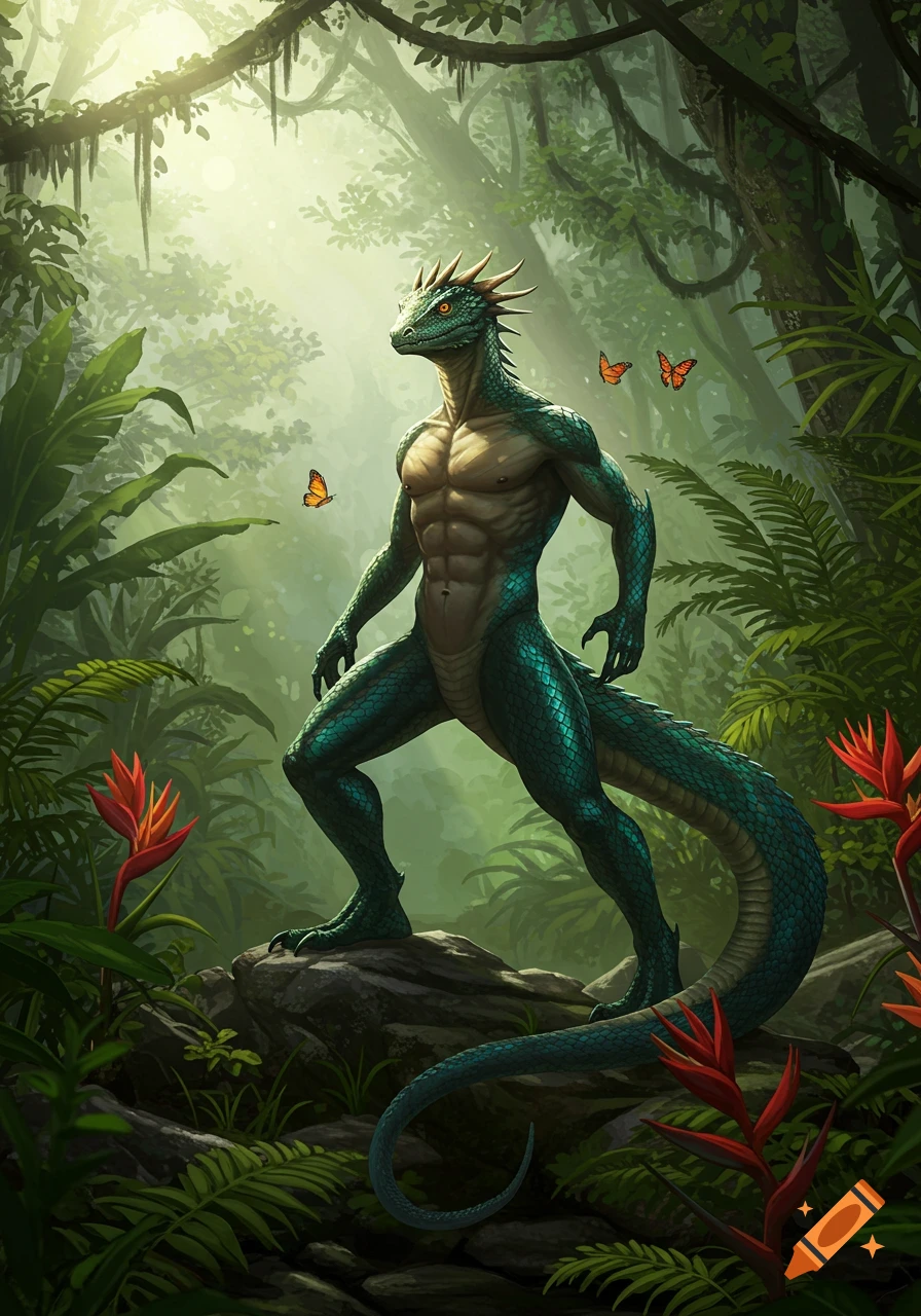 A muscular, bipedal lizardman with teal scales stands on a rock in a lush, sunlit jungle, with butterflies fluttering nearby.
