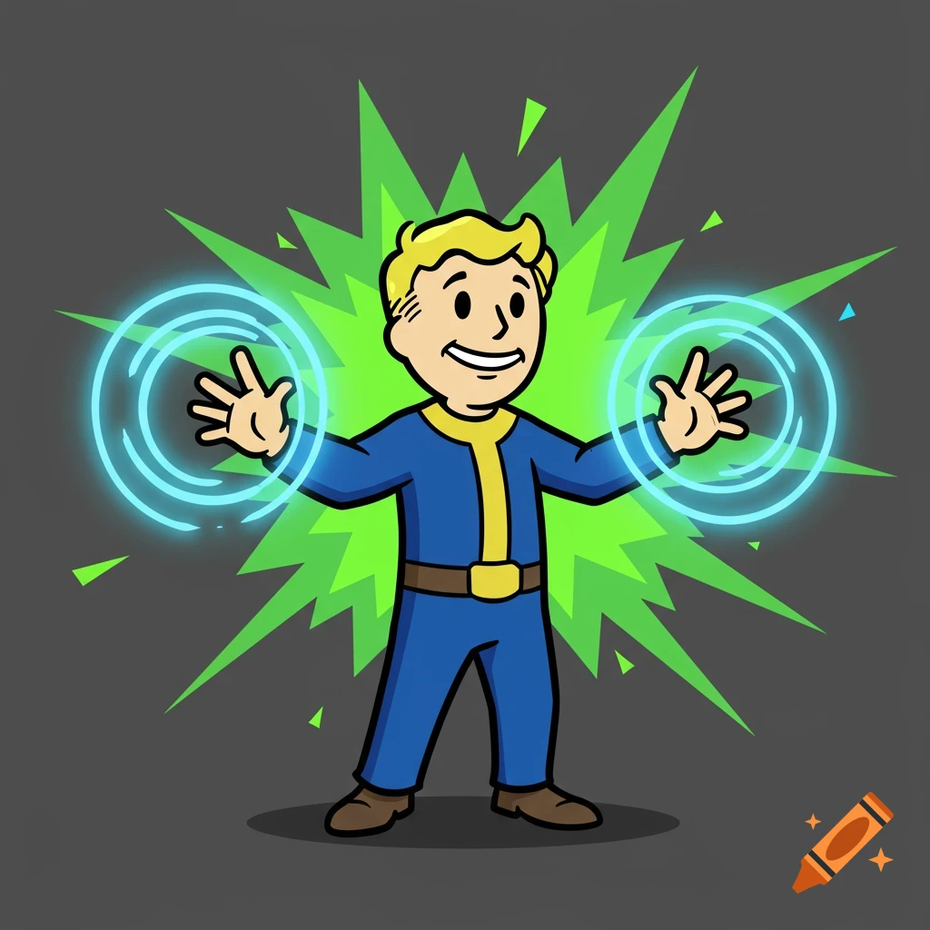 Cartoon Vault Boy character with glowing blue energy rings around his hands, against a green spiky burst.