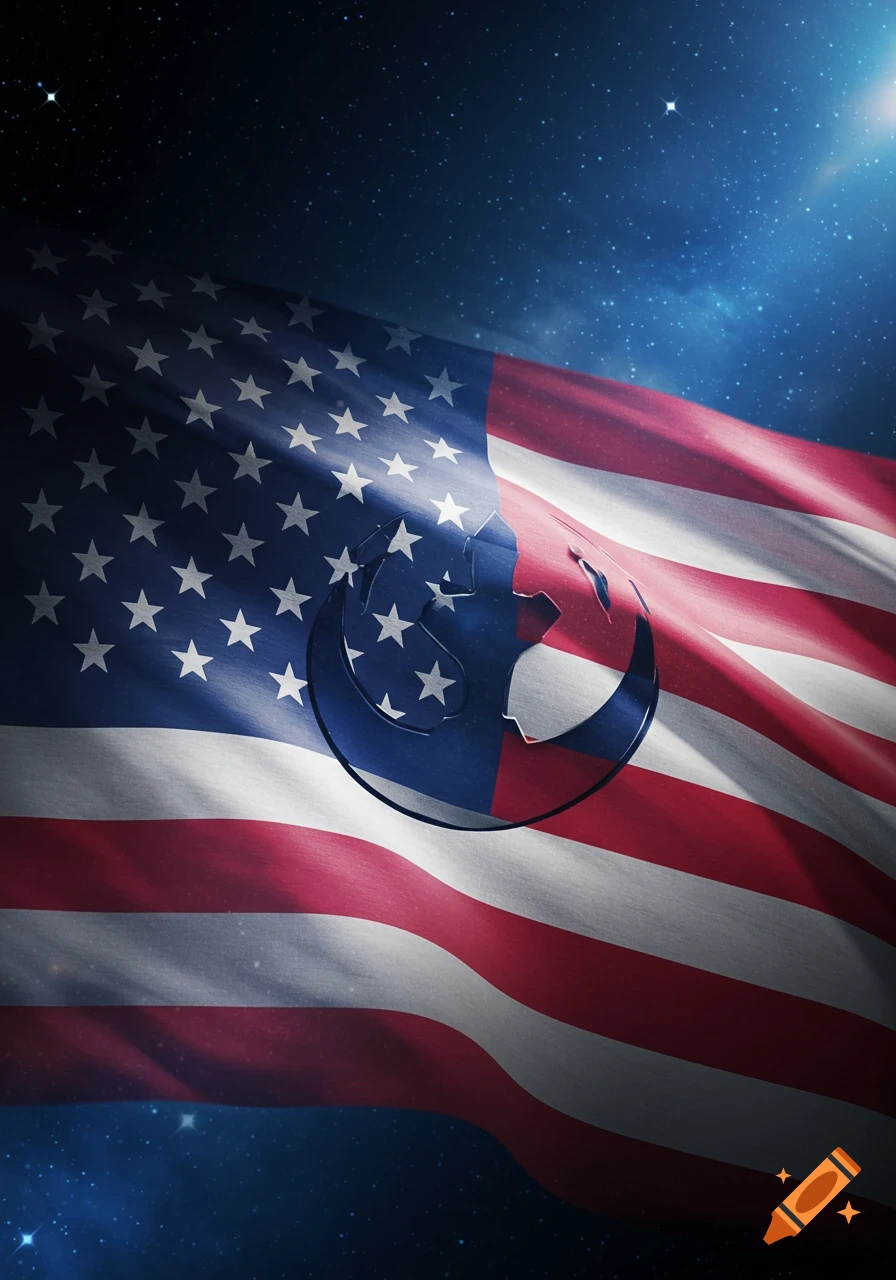 A photorealistic American flag with the Star Wars Rebel Alliance symbol integrated into it, waving under a starry night sky.