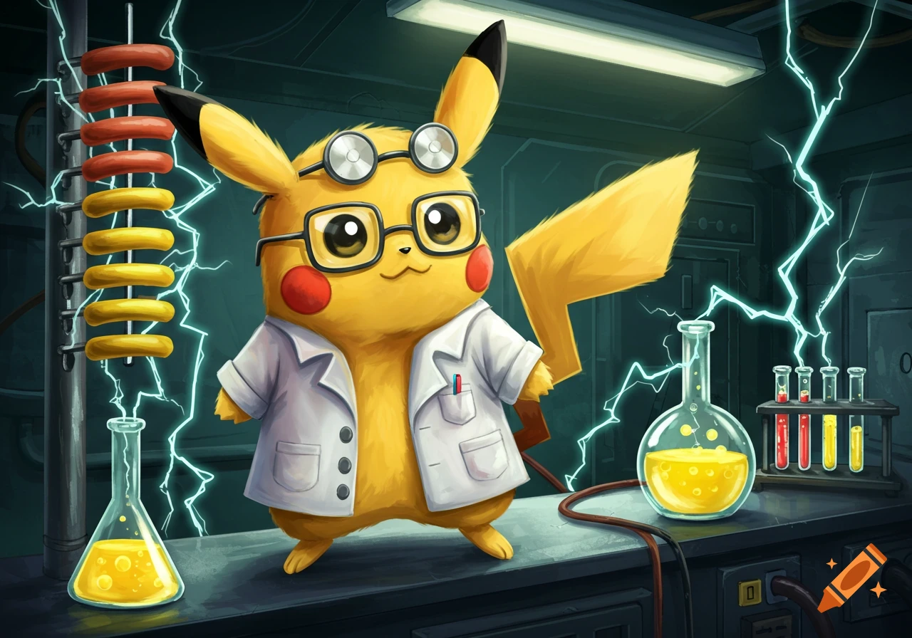 Pikachu wearing a lab coat and glasses, standing in a laboratory filled with beakers and electrical discharges.