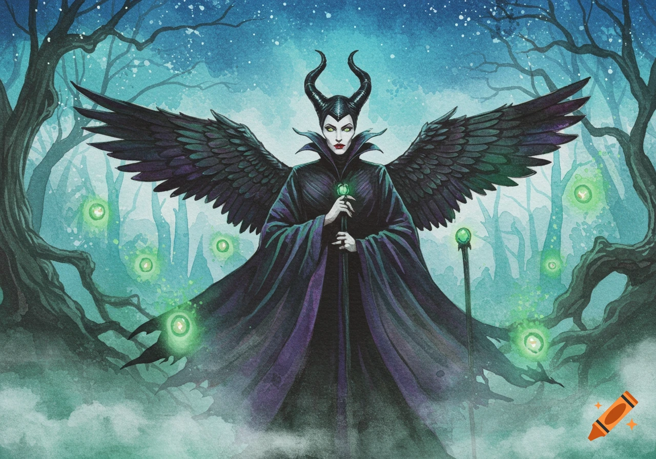 A watercolor painting of a Maleficent-inspired character with black wings and horns, holding a glowing staff in a dark, mystical forest with luminous green orbs.