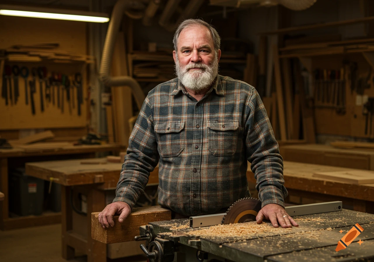 Photorealistic image of an older man with a white beard in a woodshop, standing by a table saw covered in sawdust.