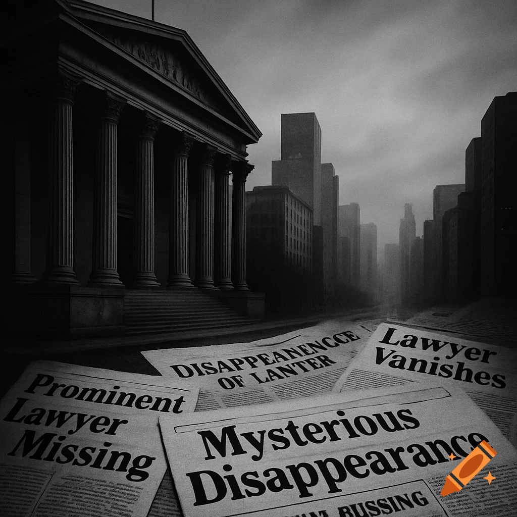 A dark, moody black and white image showing a grand courthouse building, city skyscrapers, and scattered newspapers on the ground with headlines about a missing lawyer.