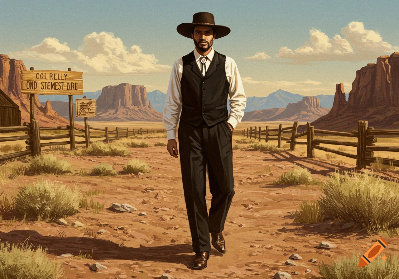 A man in a vest and hat walks on a dirt road in a desert landscape with mountains and a wooden sign.
