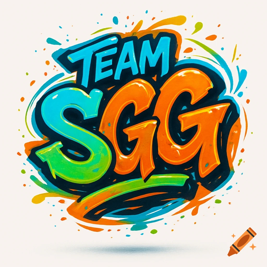 A vibrant graffiti-style logo featuring "TEAM SGG" in bold, colorful letters with paint splatters.