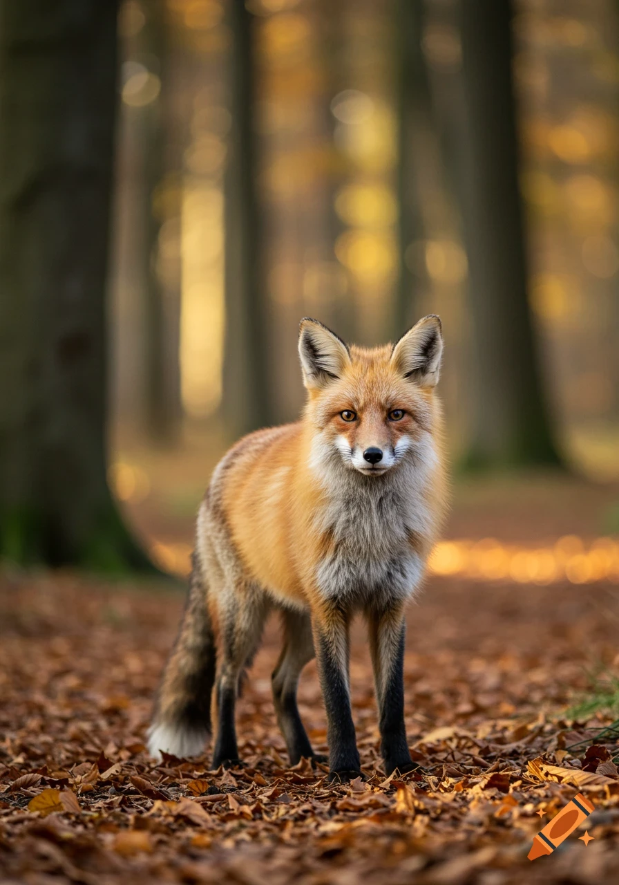 A red fox with a white chest stands alert among fallen autumn leaves in a forest with blurred trees in the background.