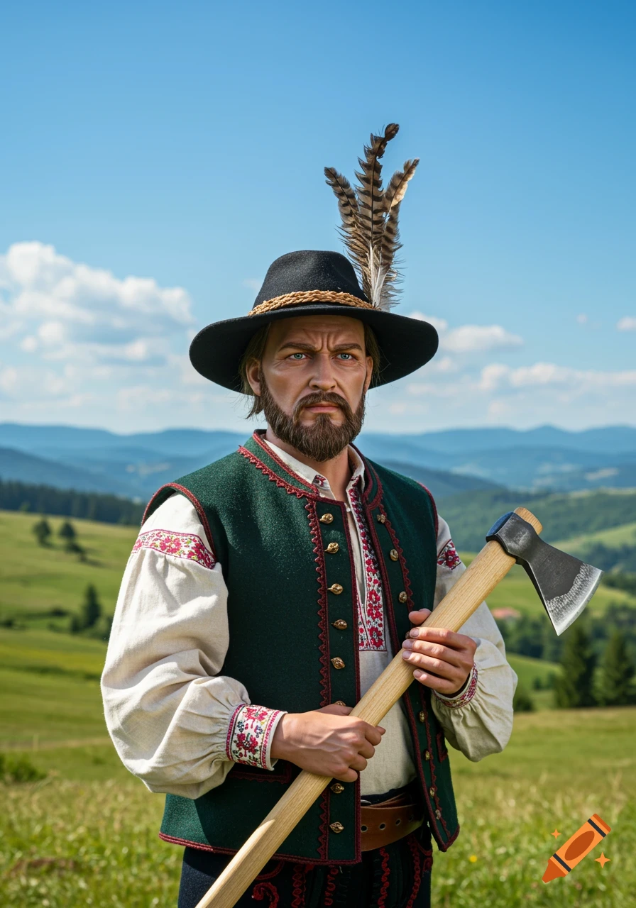 Photorealistic portrait of a man in traditional folk attire with a feathered hat, holding an axe in a mountainous landscape.