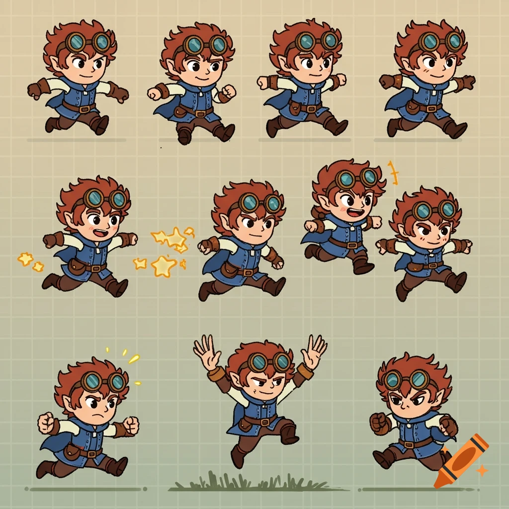 A sprite sheet showing a cartoon fantasy character with goggles and a blue outfit in various running and action poses.
