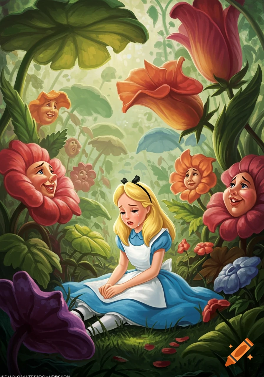Alice in a blue dress sits crying in a vibrant garden, surrounded by large, sentient flowers.