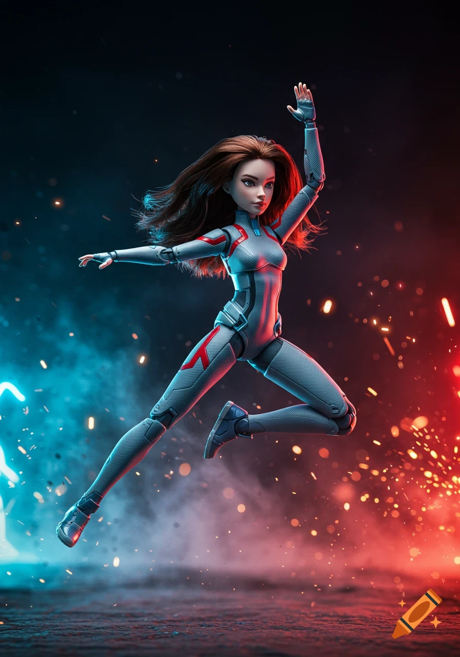 A photorealistic image of a female action doll in a grey and red futuristic suit, jumping dynamically amidst red and blue neon light and sparks.