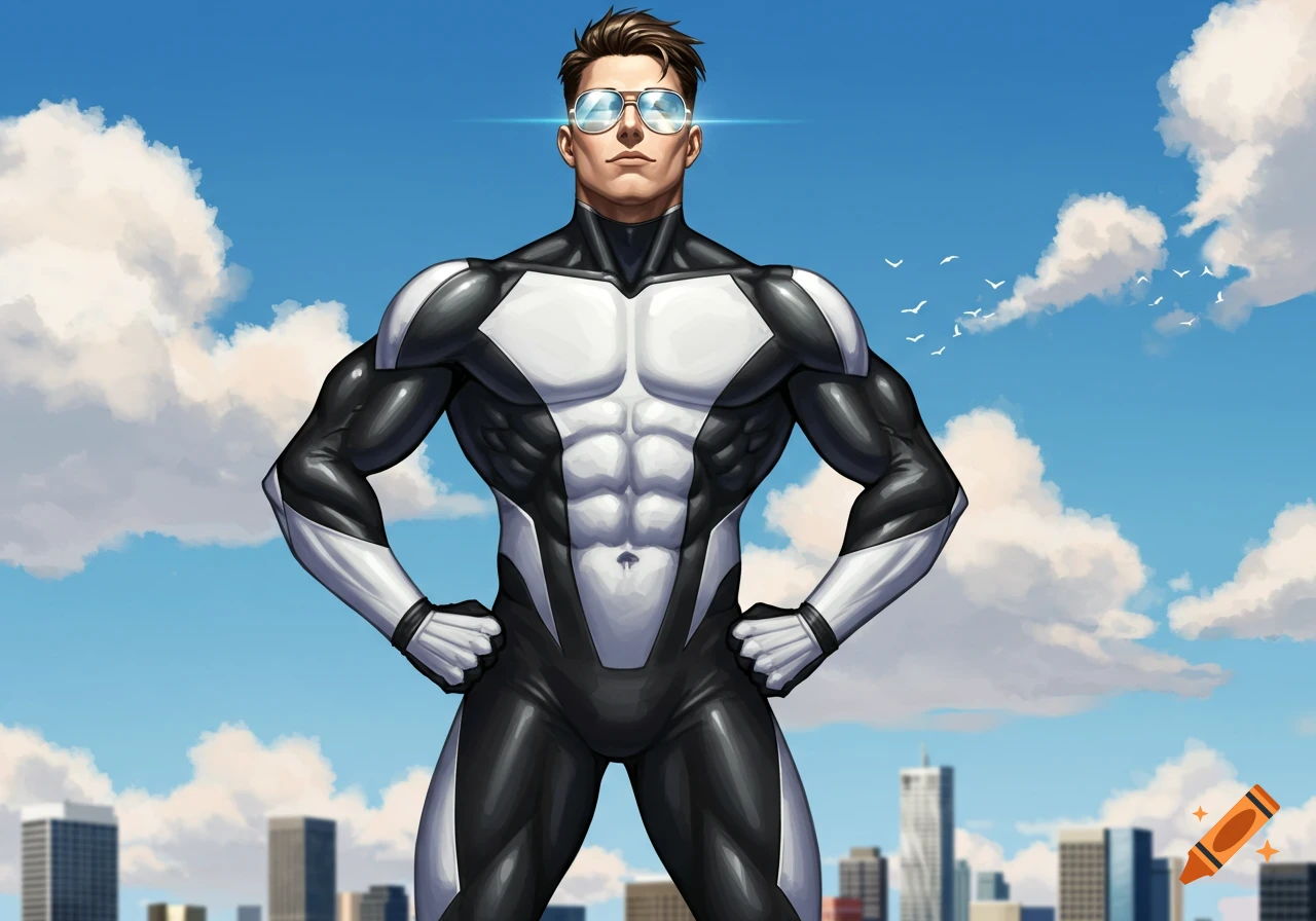 An illustrated superhero in a black and white suit and sunglasses stands with hands on hips against a city skyline and blue sky.
