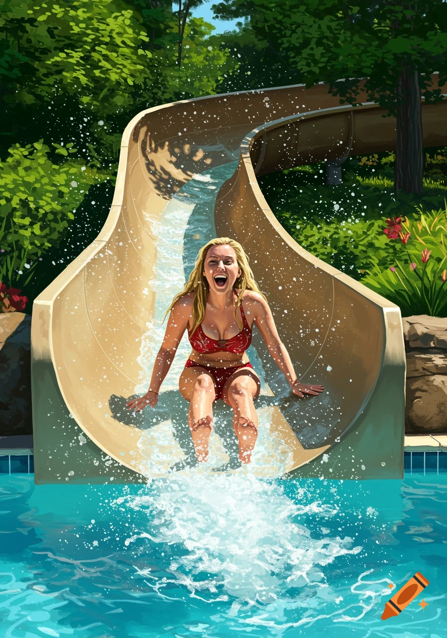 A woman in a red bikini slides down a water slide into a pool, with water splashing around her.