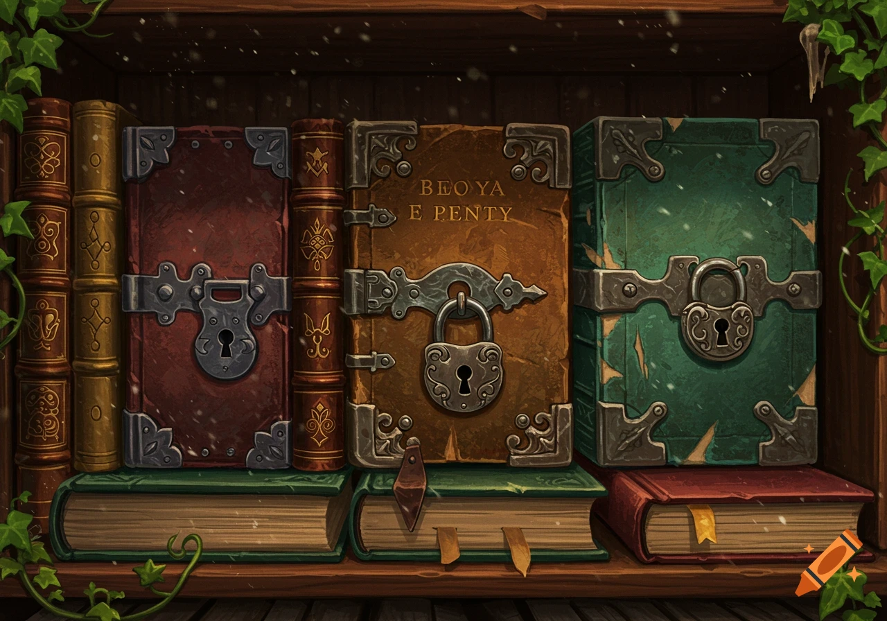 A shelf of three ornate, locked books with metal clasps and a padlock, with smaller books below, surrounded by ivy and dust motes.