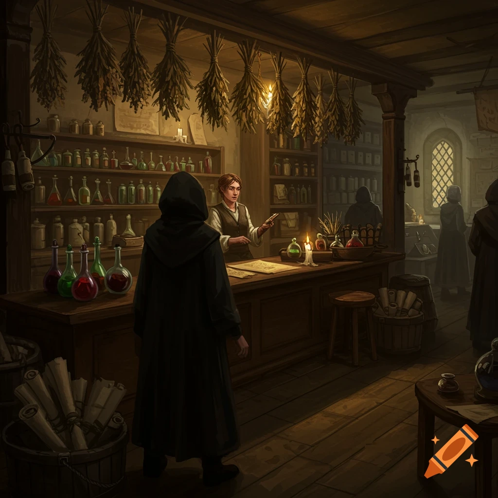 A moody, painterly scene of a medieval apothecary interior. A shopkeeper gestures across a counter to a hooded customer.