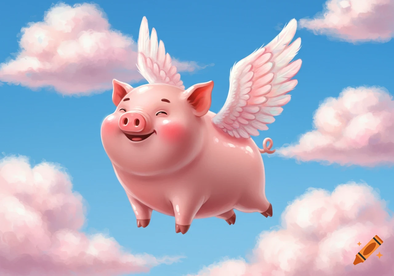 A whimsical cartoon pig with pink wings flying happily through a bright blue sky with fluffy pink clouds.