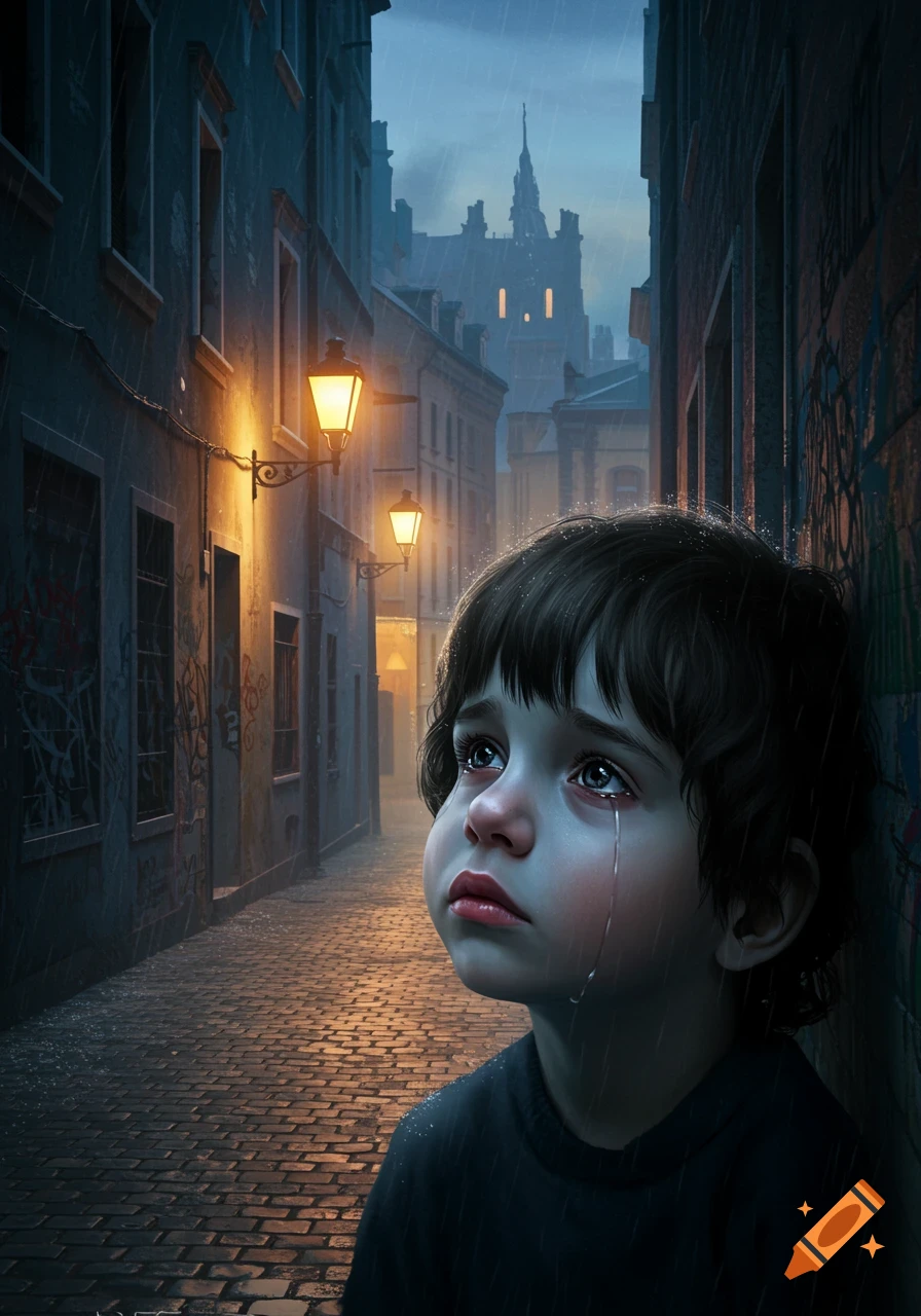 A crying child looks up in a dark, rainy city alleyway at night.