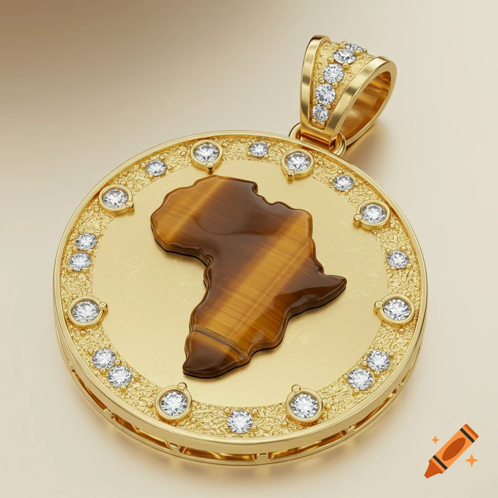 A close-up of a gold circular pendant with diamonds and a tiger's eye inlay shaped like the continent of Africa.