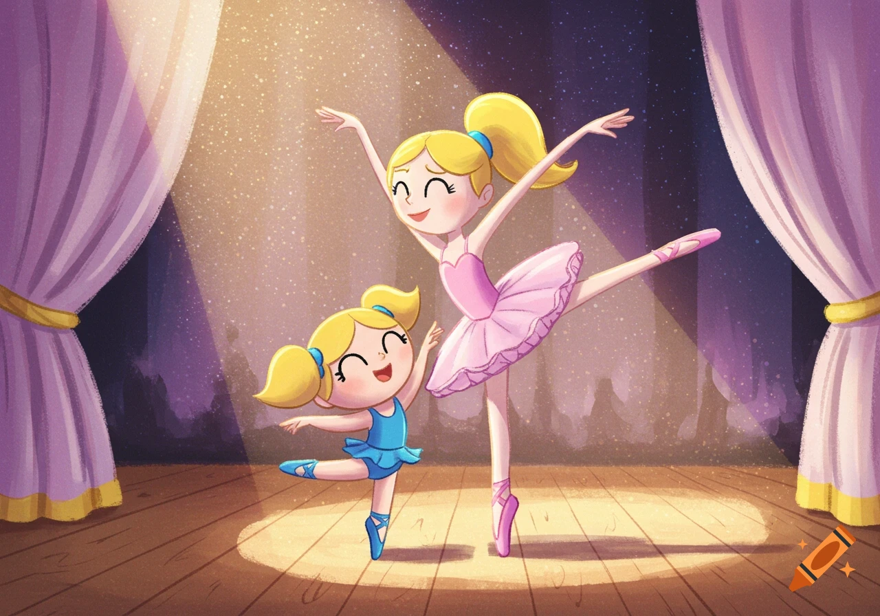 Two cheerful cartoon girls, one taller in pink and one shorter in blue, perform ballet poses on a brightly lit wooden stage with purple curtains.