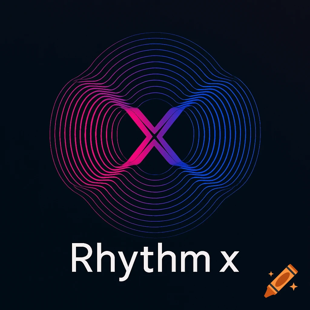 Abstract logo with a pink and blue gradient X surrounded by wavy lines, and the text 'Rhythm x'.