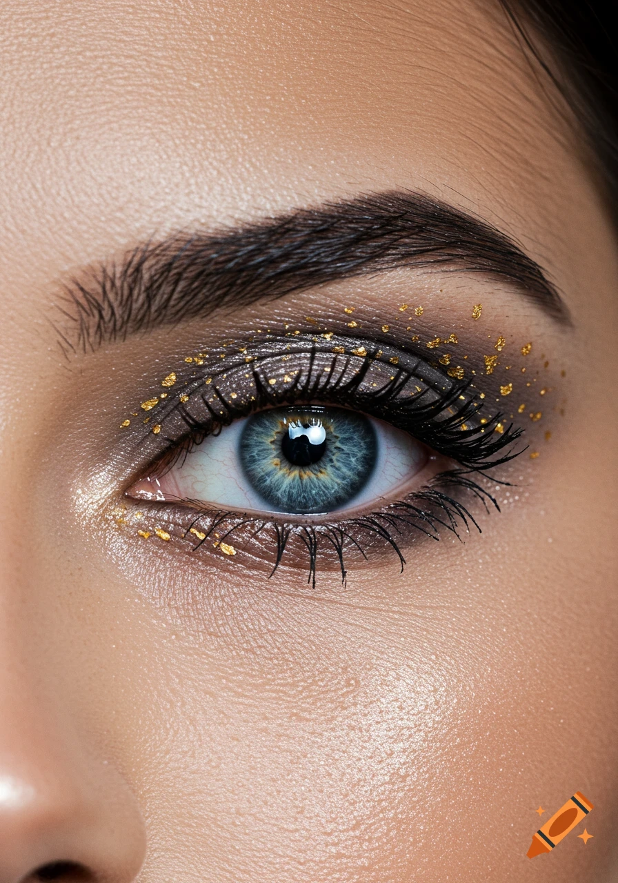 Close-up of a blue eye with dramatic makeup and gold glitter on the eyelids.
