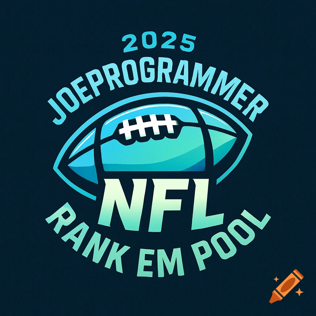 A vibrant blue and teal logo for "2025 JoeProgrammer NFL Rank Em Pool" featuring an American football graphic.