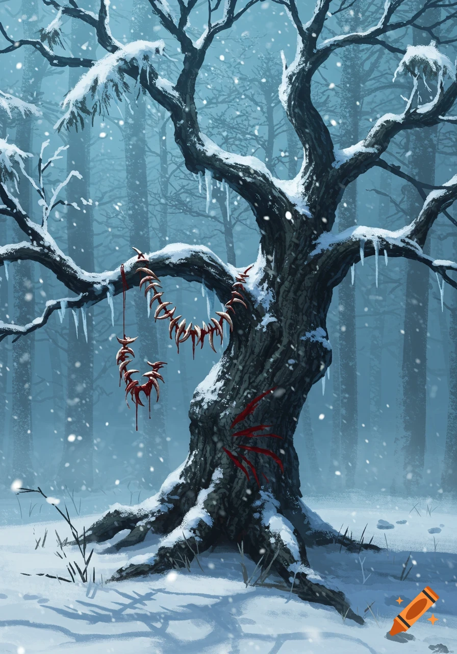 A creepy illustration of a snow-covered tree in a winter forest with a necklace of bloody teeth and claw marks.
