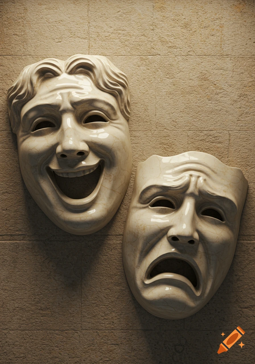 Two ancient Greek-style theatrical masks, one laughing and one crying, made of marble and mounted on a textured stone wall.