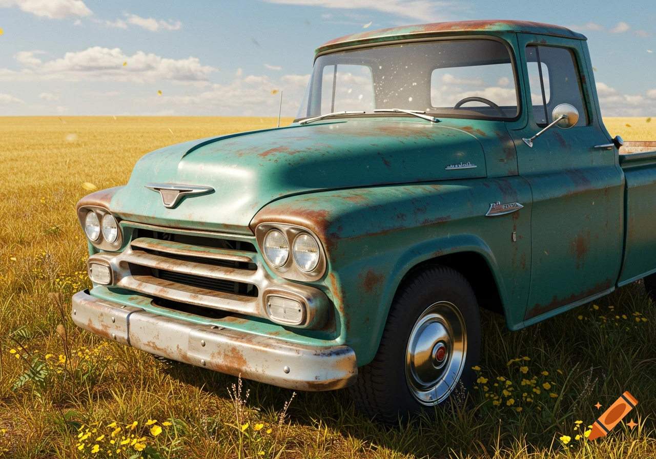 Photorealistic image of a rusty green vintage pickup truck parked in a sunny golden field with wildflowers.