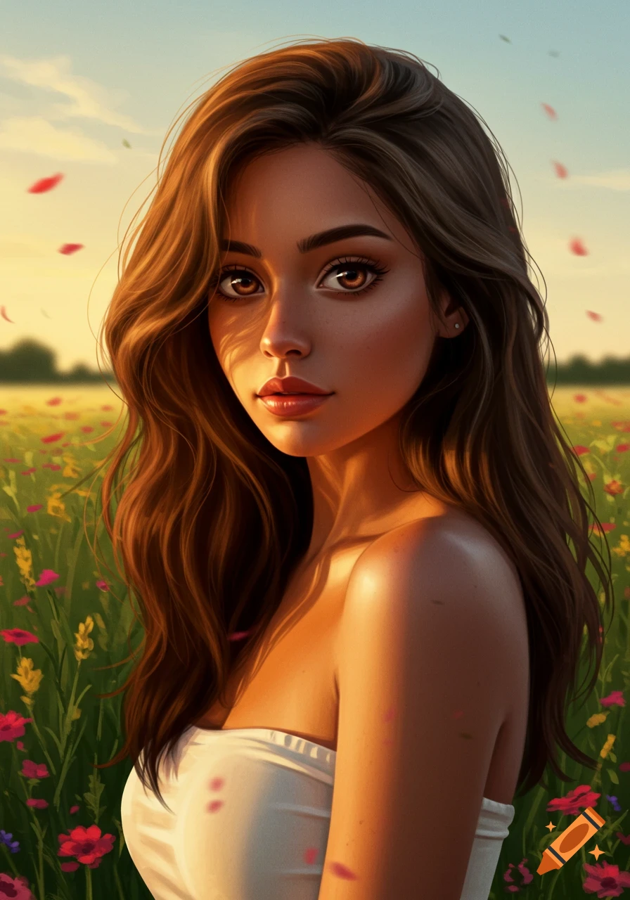 A digital art portrait of a young woman with long brown hair and olive skin, wearing a white strapless top, standing in a field of colorful flowers at sunset.