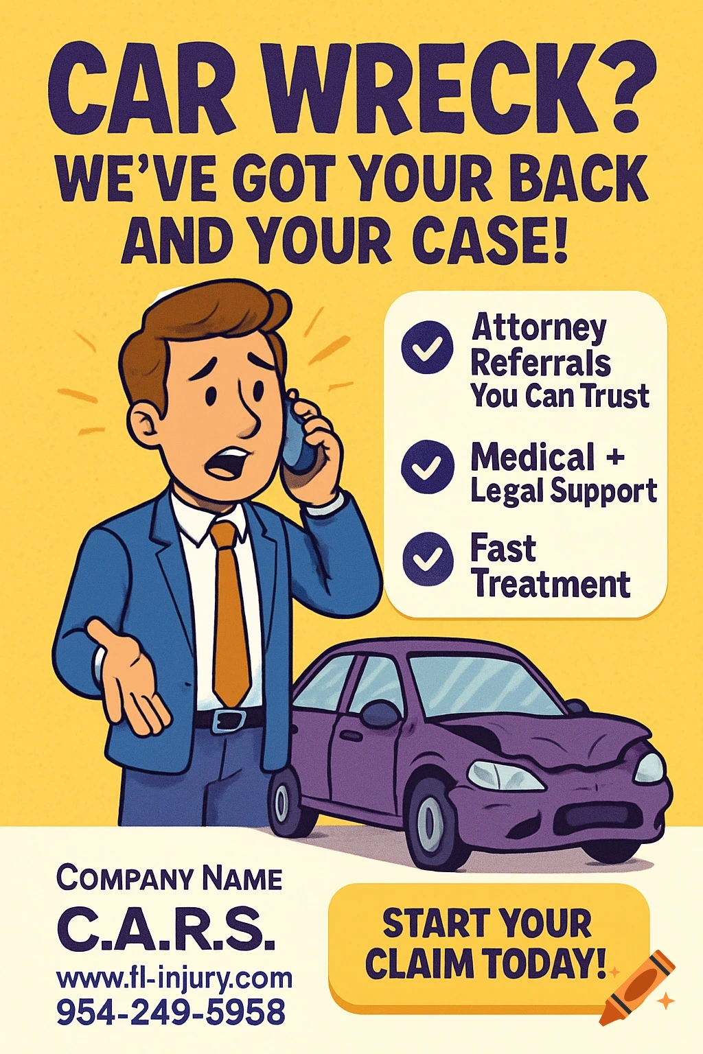 A cartoon-style ad shows a man on the phone looking concerned next to a purple crashed car, with text offering legal support.