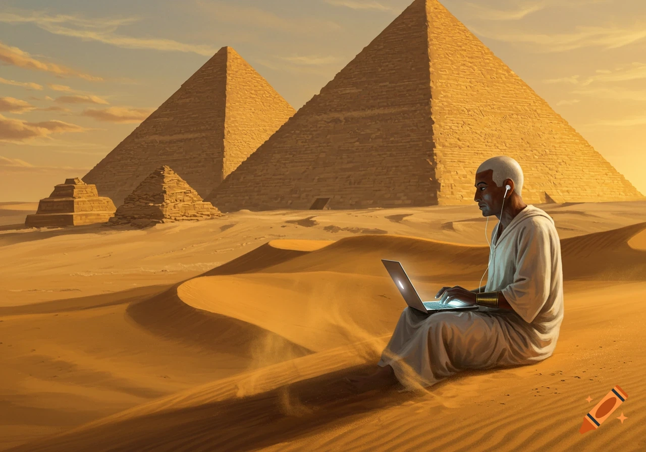 An ancient Egyptian sits on sand in front of the pyramids, using a laptop and wearing earbuds in a photorealistic style.